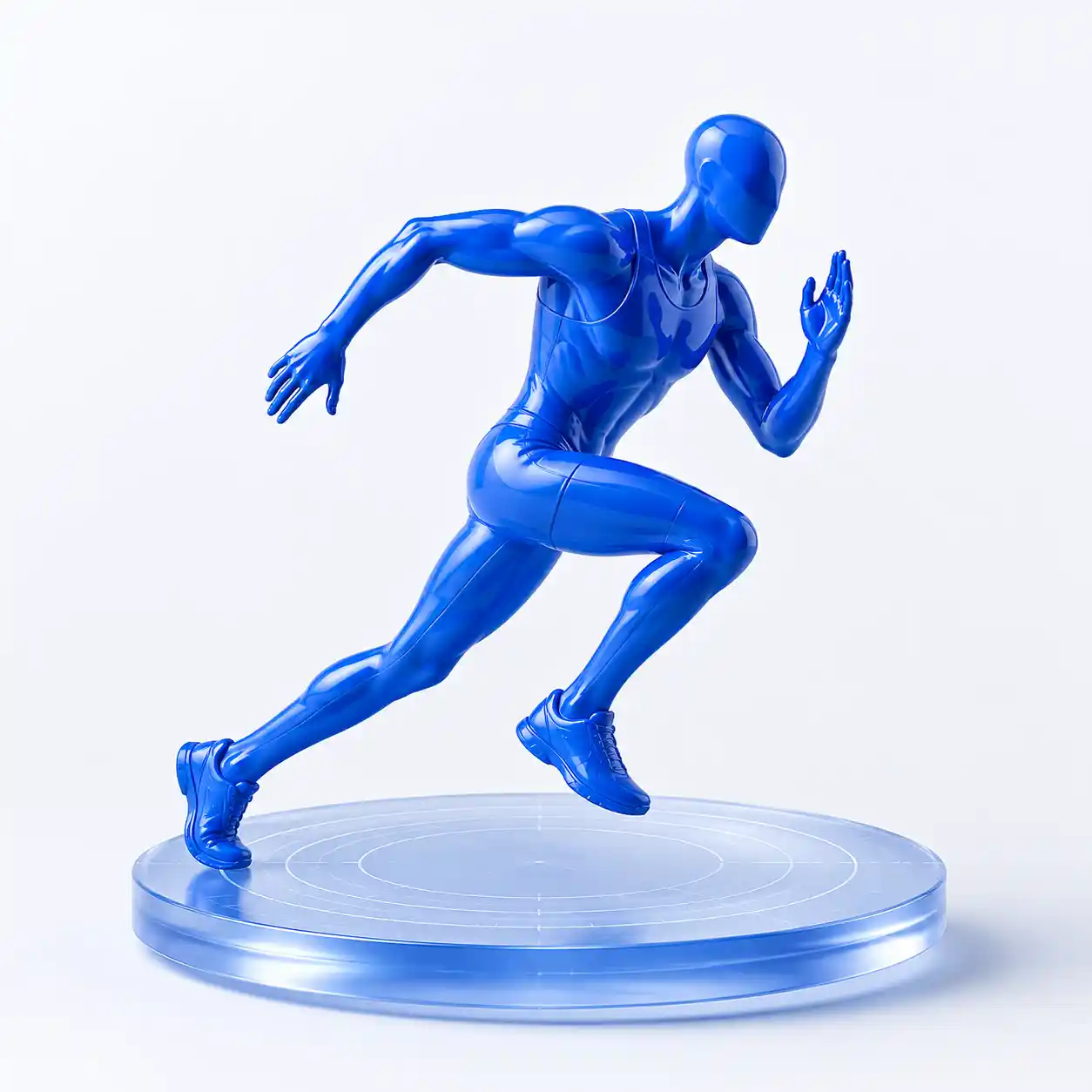 A cobalt-blue sculpture of an athlete sprinting above a glass measurement platform